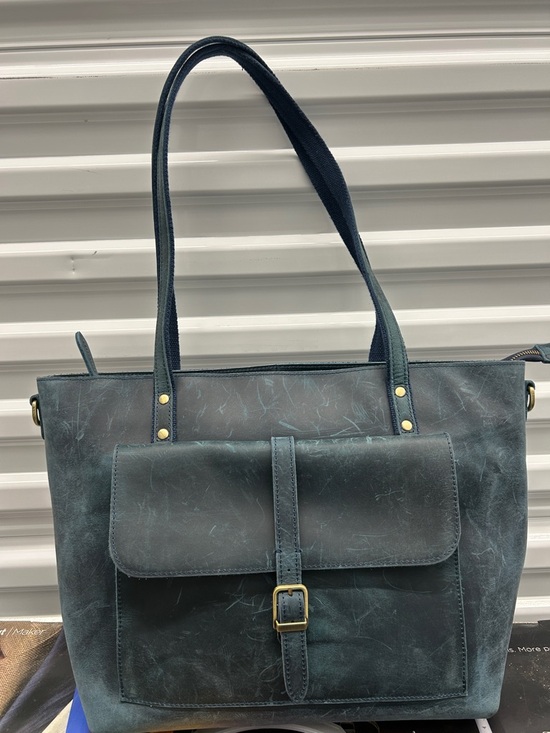Handbags - Distressed Genuine Leather Structured Tote in Teal Blue - Everyday Shoulder Bag